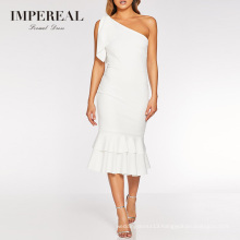 Women White Party Fashion Plain Designs Cotton Cocktail Dress Mid Long